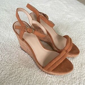H&M Tan Faux Suede Cork Wedge Sandals Ankle Strap Size 38